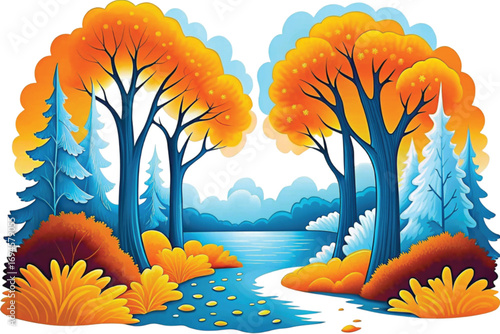 Vibrant autumn landscape with colorful trees and calm river  