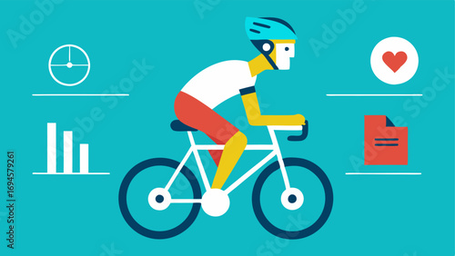 Cyclist in Action A cyclist on a bike with a helmetmounted tracker displaying live data including velocity and heart rate prominently visible.