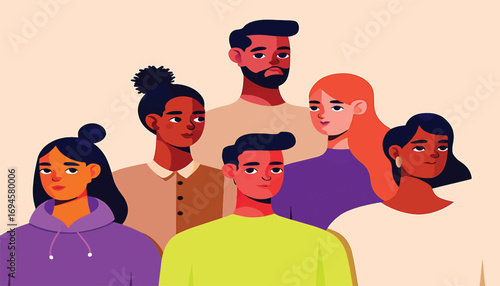 Diverse group of people standing together in a flat illustration style