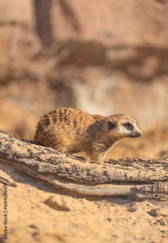 Fototapeta premium Striped Mongoose Resting on Wooden Log in Zoo Wildlife Sanctuary Habitat