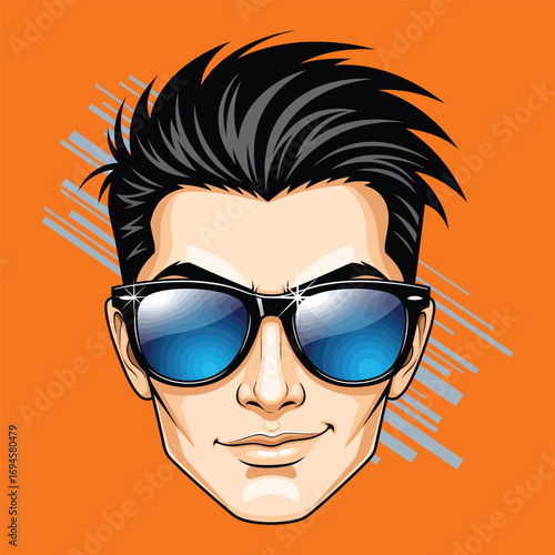 Cool Young Man with Sunglasses Illustration in Pop Art Style with Trendy Hair and Orange Background