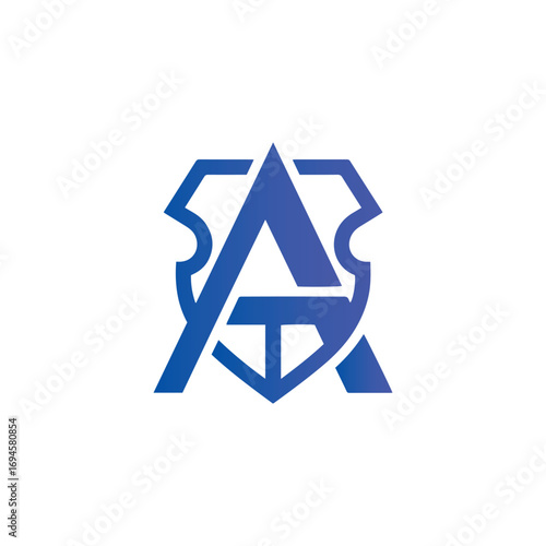 A creative logo featuring a stylized letter 'A' integrated with a shield in a gradient blue. Ideal for security, gaming, medieval, or financial services brands.