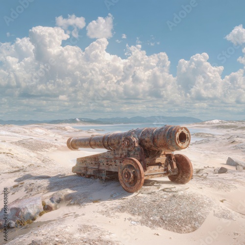 An old, rusted artillery gun on a coastal landscape.