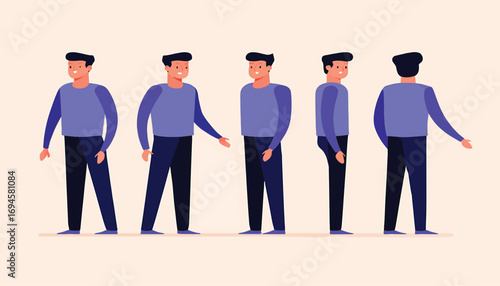 Character design set of a young male with multiple views for creative projects