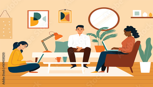 Group of diverse friends working on laptops in a modern shared living space