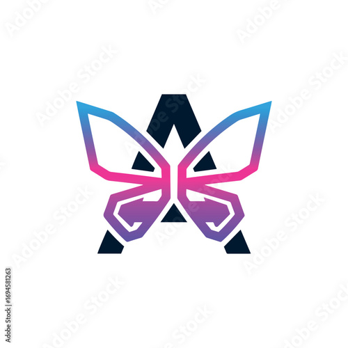 A creative logo featuring a stylized letter 'A' integrated into a geometric butterfly with a vibrant gradient outline. Ideal for beauty, nature, and transformation.