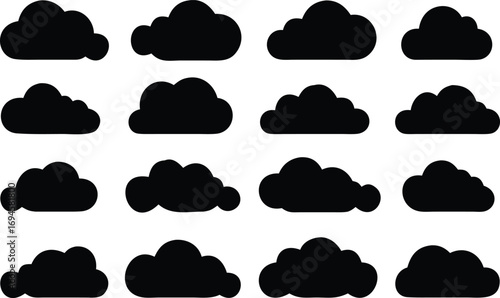 Array of Black Cloud Shapes on White Background Digital Design Elements