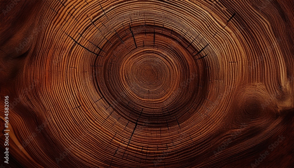 Fototapeta premium rich brown tree trunk cross section with detailed annual rings cracks and natural wood grain texture ideal for rustic wallpaper or editorial background