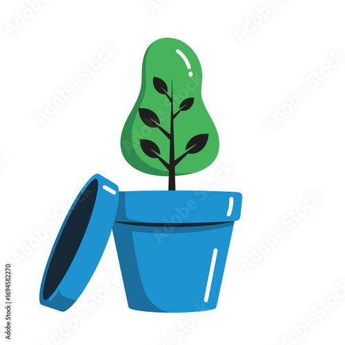 New sprout growing in a blue flower pot with leaves