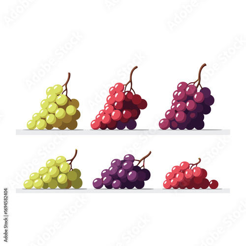 A collection of fresh ripe grapes in six varied bunches
