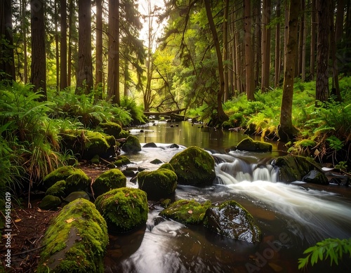 Sunlight streams through a tranquil forest stream
