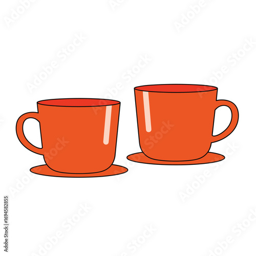 Two bright orange ceramic coffee mugs with saucers side by side