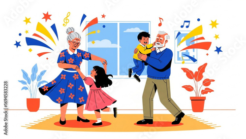 Grandparents dancing with their grandchildren in the living room, celebrating a special occasion with joy and laughter, creating a warm and loving family moment.