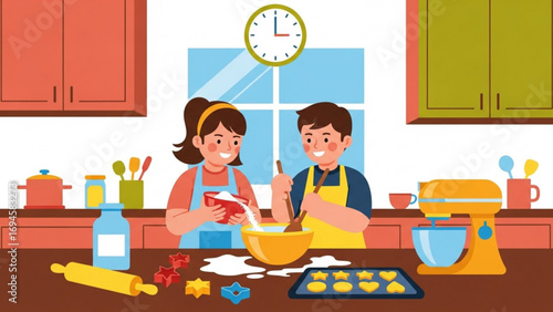 Happy family baking cookies together in cozy kitchen, mixing ingredients and shaping dough with love and laughter, creating sweet memories.