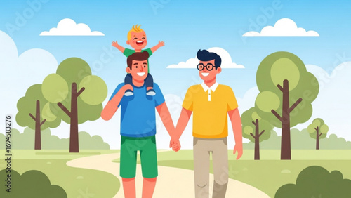 Two fathers walking hand in hand with their child on shoulders through park on a sunny day, showing love and family bond, creating a heartwarming scene.