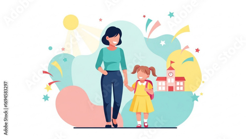 Mother walking her daughter to school on a bright, cheerful morning, holding hands and smiling with excitement for the new school year.
