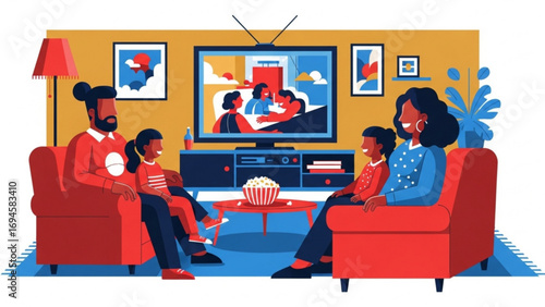 Happy family watching movie together in living room with popcorn, creating a cozy and joyful atmosphere during family time.