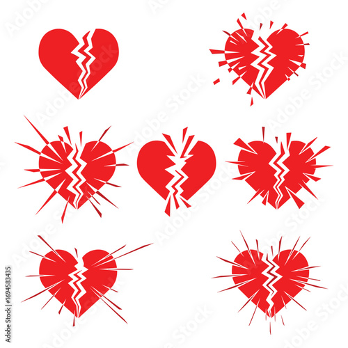 Collection of exploding and cracked red hearts symbols for emotional breakup concepts