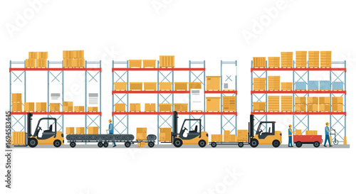 Flat warehouse scene with workers and forklifts in industrial setting