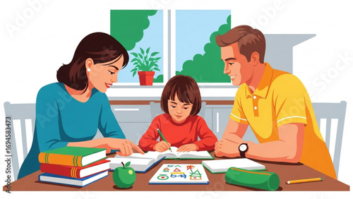 Family helping young daughter with homework at kitchen table, creating a supportive and educational environment in their home, fostering learning and togetherness.