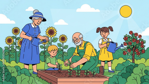 Grandparents and grandchildren gardening together in sunny backyard, watering plants and enjoying time together in peaceful family scene.
