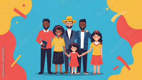 Diverse family stands together against a vibrant, abstract backdrop, representing unity and connection with bright colors and playful shapes.