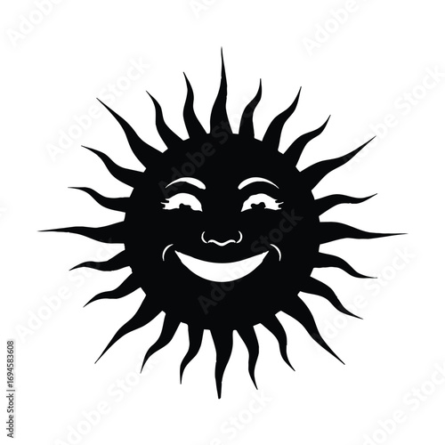 Smiling Sun Face Silhouette Black and White Clip Art for Design and Illustration Projects Vector Graphic