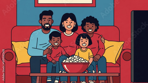 Happy family watching movie together on sofa at home, enjoying popcorn and quality time in cozy living room with warm and loving atmosphere.