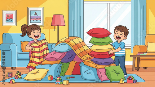 Happy children building a pillow fort in the living room with colorful pillows and blankets, creating a cozy and playful atmosphere.