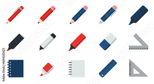 Colorful office supplies icons: pencils, pens, rulers, and more for school or work