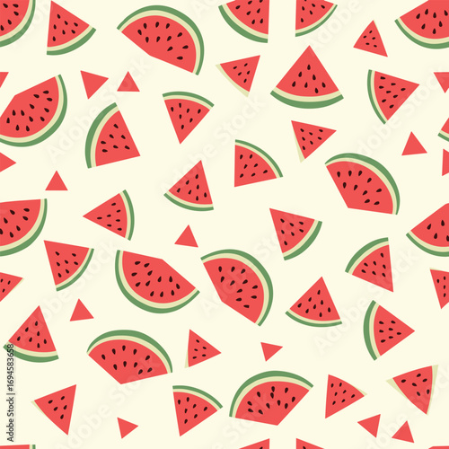 Seamless pattern of delicious pixel art watermelon slices scattered randomly on a light yellow background