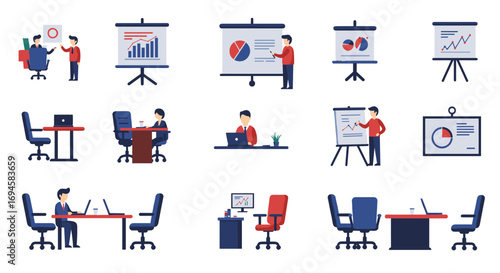 Office workers analyzing diagrams and working at desks in flat style