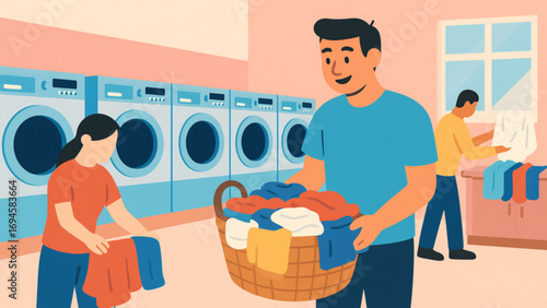 Smiling man carries full laundry basket in brightly lit laundromat while other people fold clothes, creating a clean and organized atmosphere.