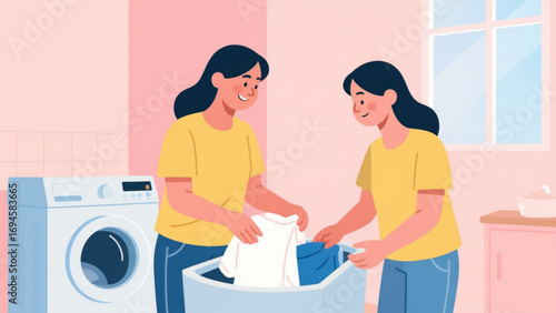 Two young women sort laundry in a bright, pastelcolored laundry room, preparing for a wash cycle, creating a clean and organized home environment.