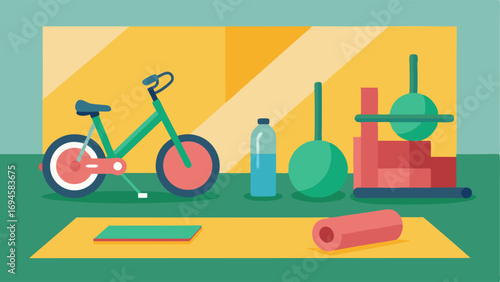 An exercise area with yoga mats resistance bands and a stationary bike.