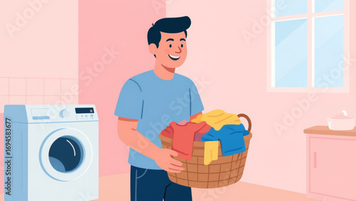 Smiling man carrying laundry basket in bright, clean laundry room ready to wash clothes, depicting domestic life and household chores.