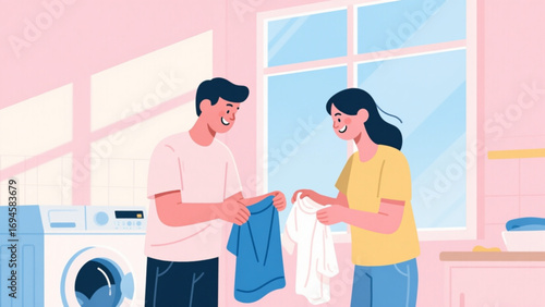 Smiling couple folding laundry together in bright, modern laundry room with washing machine and window, creating a cozy and domestic atmosphere.