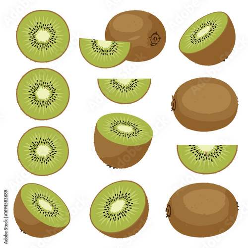 Whole and sliced kiwi fruits healthy food collection graphic