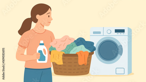 Woman holding detergent near washing machine and laundry basket in a brightly lit laundry room, showcasing a clean and organized home environment.