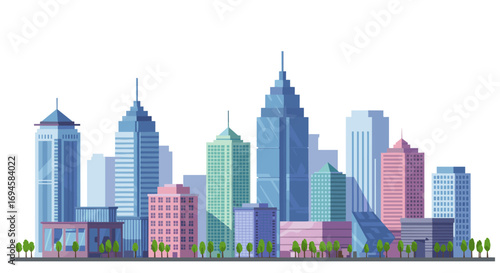 Modern cityscape with colorful skyscrapers and trees in flat design