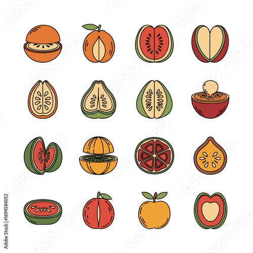 Collection of tropical fruits and berries cut halves and slices