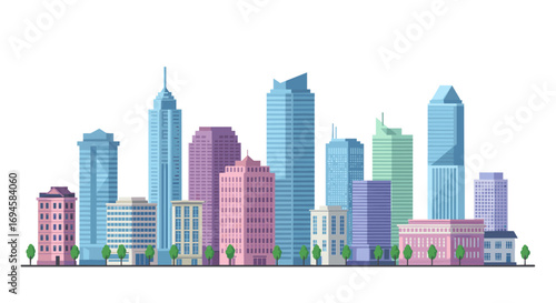 Colorful flat urban cityscape with skyscrapers and trees on white background
