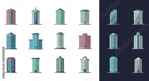 Modern urban architecture icons set featuring colorful skyscrapers and buildings in flat style