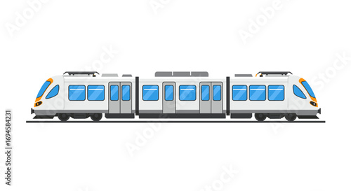 Modern commuter train design with blue windows on white background