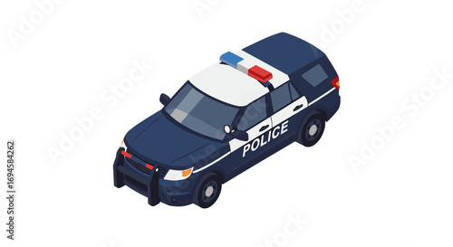 Isometric police car with red and blue flashing lights on white background