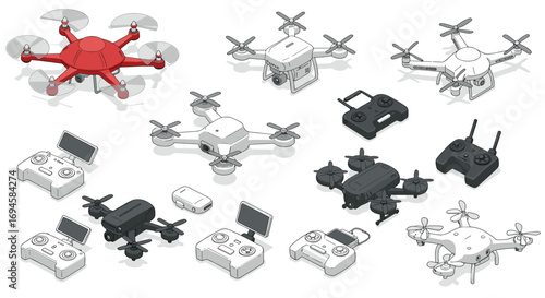 Isometric drone collection with controllers in modern design
