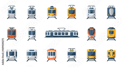 Diverse collection of minimalist tram and train icons in flat design