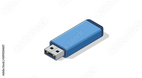 Isometric usb flash drive in blue with shadow on white background