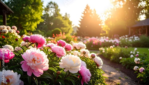 Lush garden of peonies in sunlight