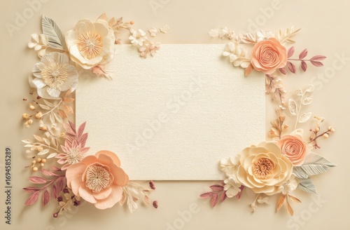 Pastel paper flowers frame a blank card